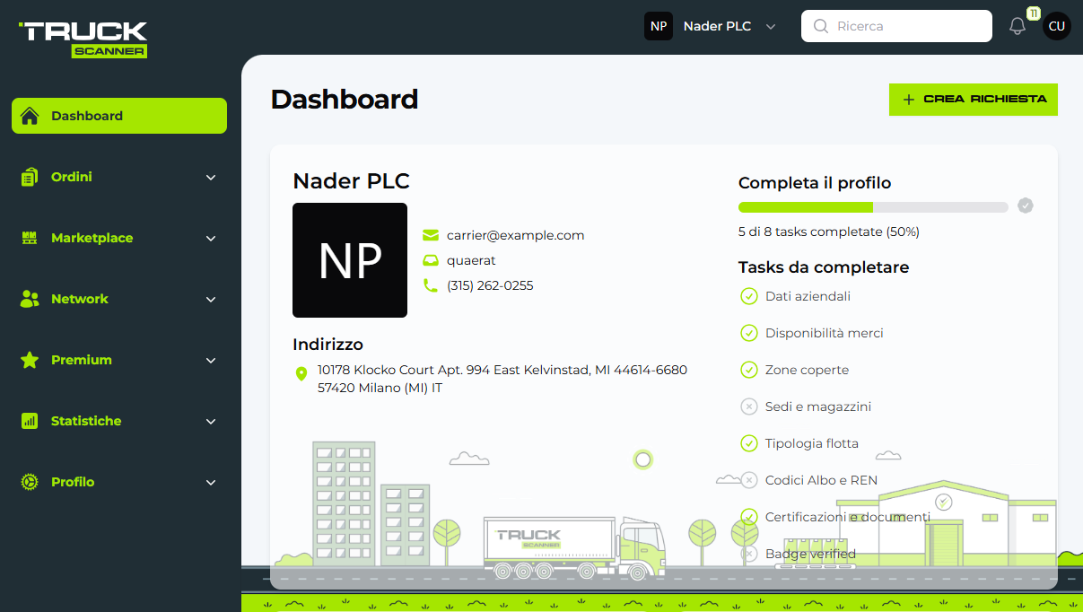 Vettore non verificato e completamento del profilo su Truckscanner